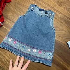 Vintage Denim Sleeveless Dress with Floral Embroidery